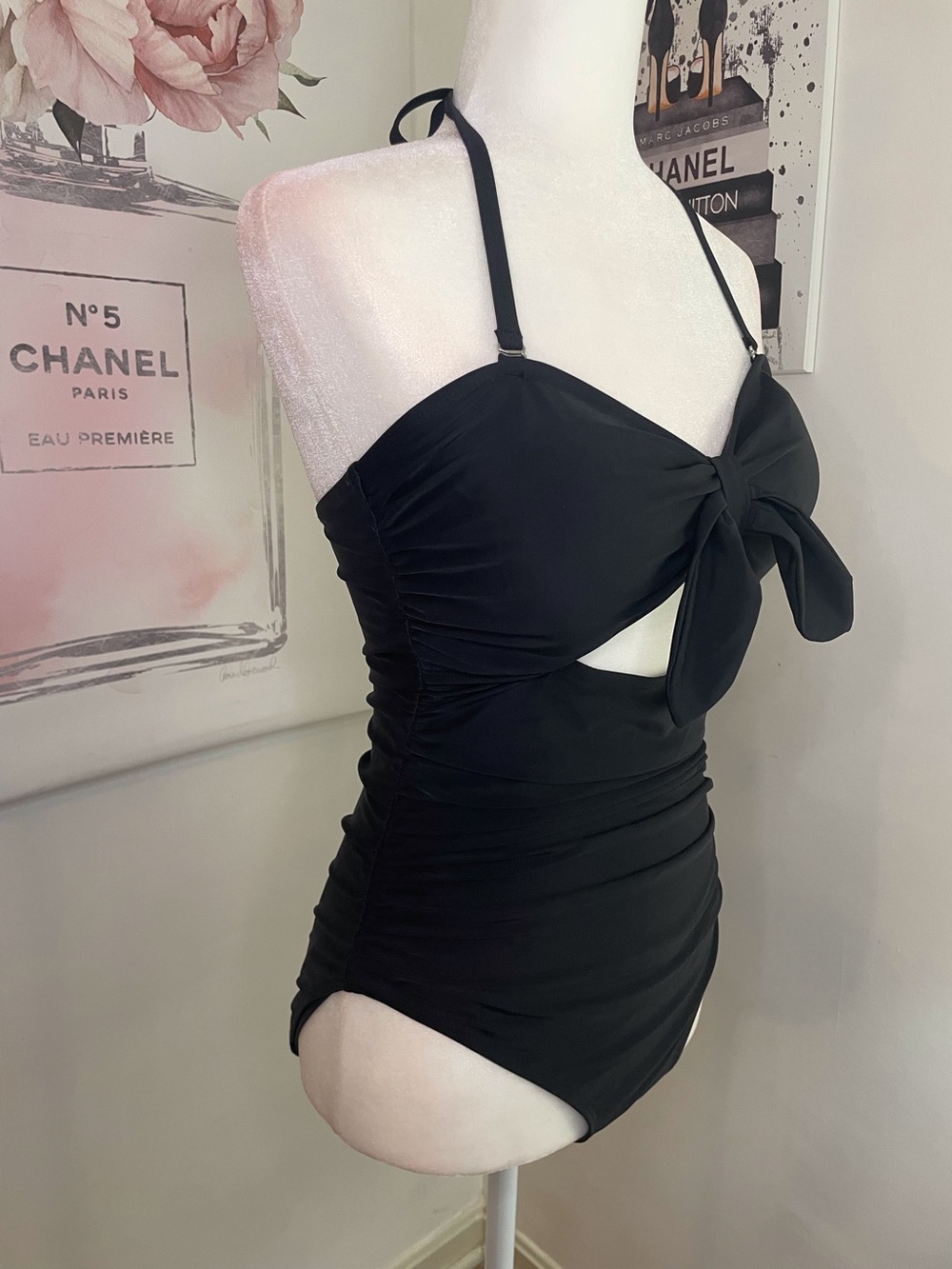 Black One Piece Swimsuit Tie Knot Front with Cut Out Detail Size M - Picture 3 of 12